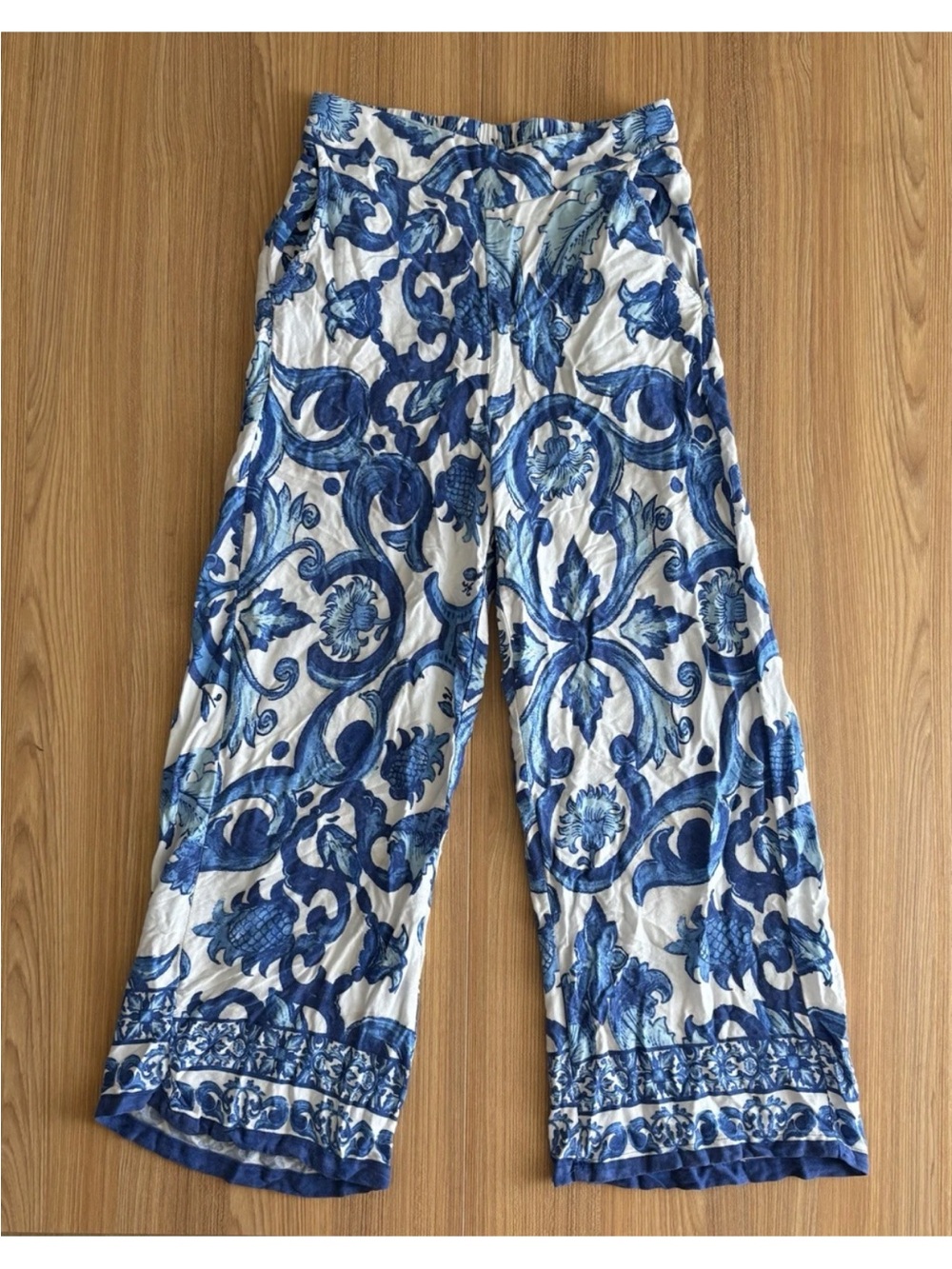 Haute Hippie Pull On Palazzo Pants Wmns S White Blue Majolica Print Boho Resort